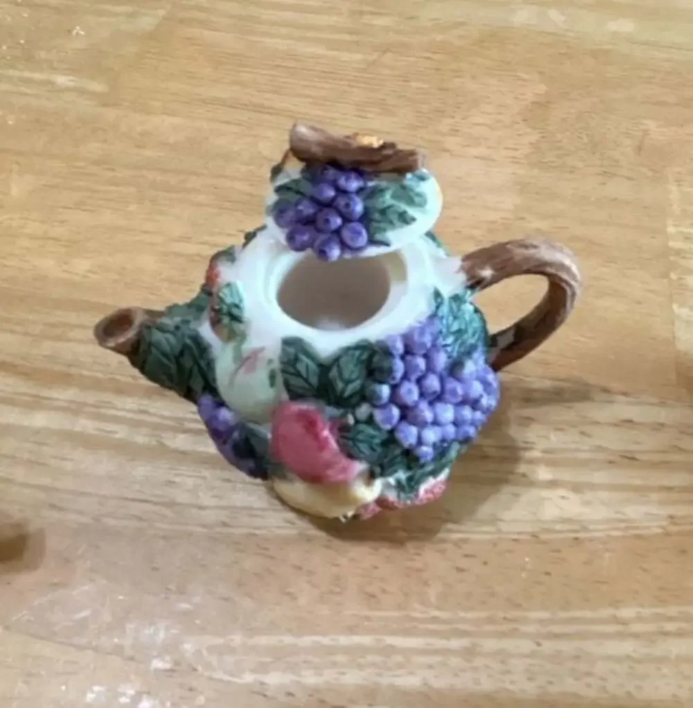 Vintage Miniature Resin Fruit Themed Tea Set Including Teapot, Cups, and Plates